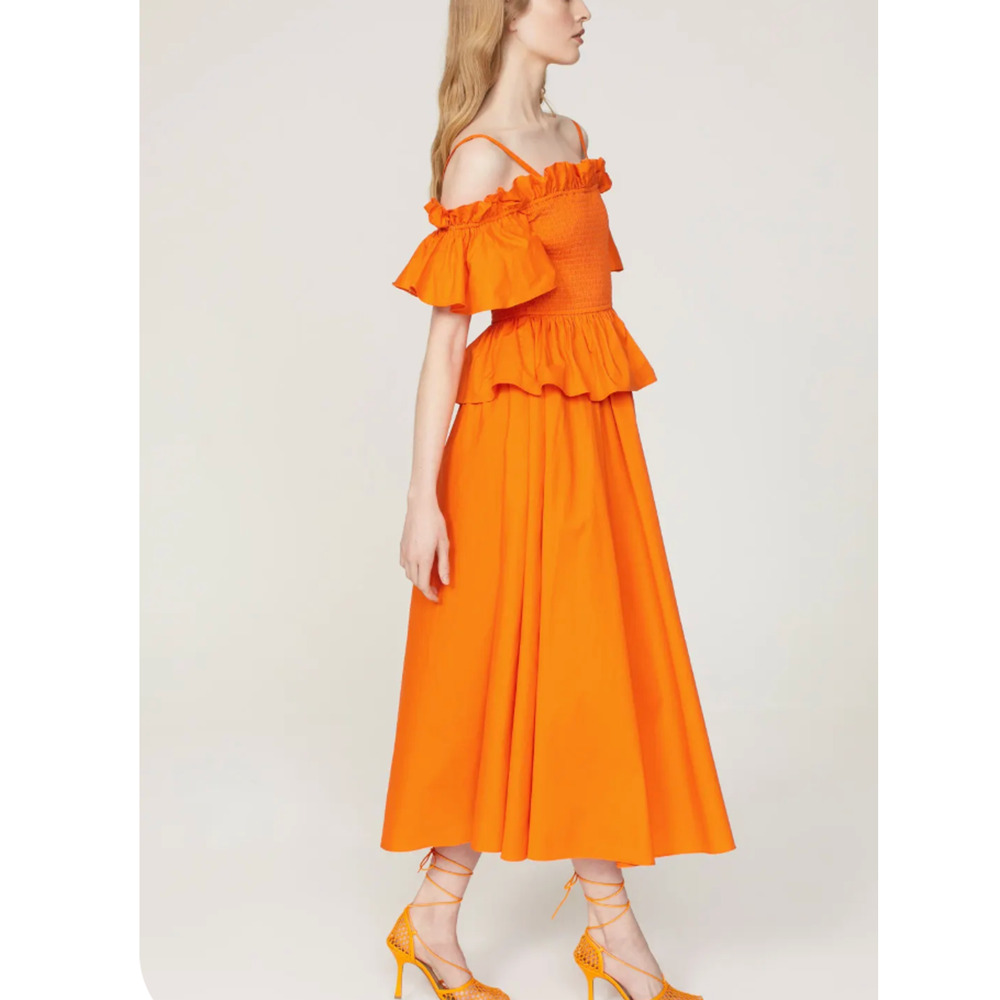 Toccin Orange Midi Dress SMALL Smocked Cottage Ruffle Cotton Designer $500 - Picture 4 of 11